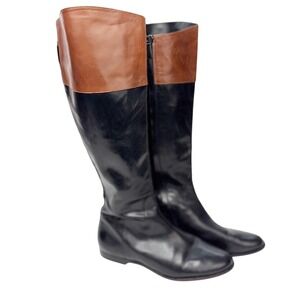 Brown and Black Leather Knee High Boots Women's Riding Style Side Zip Flat Heel